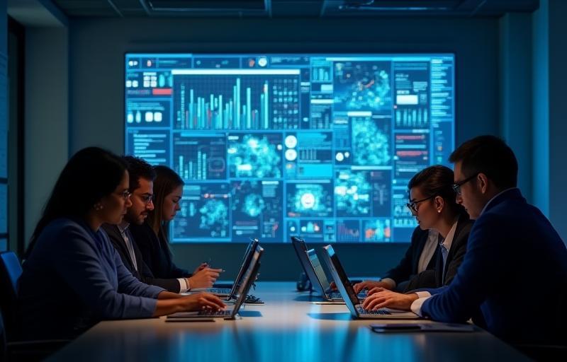Diverse team collaborating around a digital interface showing data.