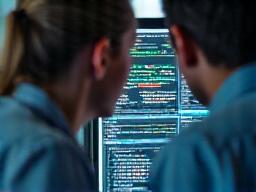 Two people discussing data on a screen.