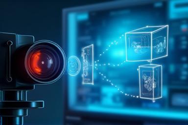 Camera lens focusing on a screen with image analysis.